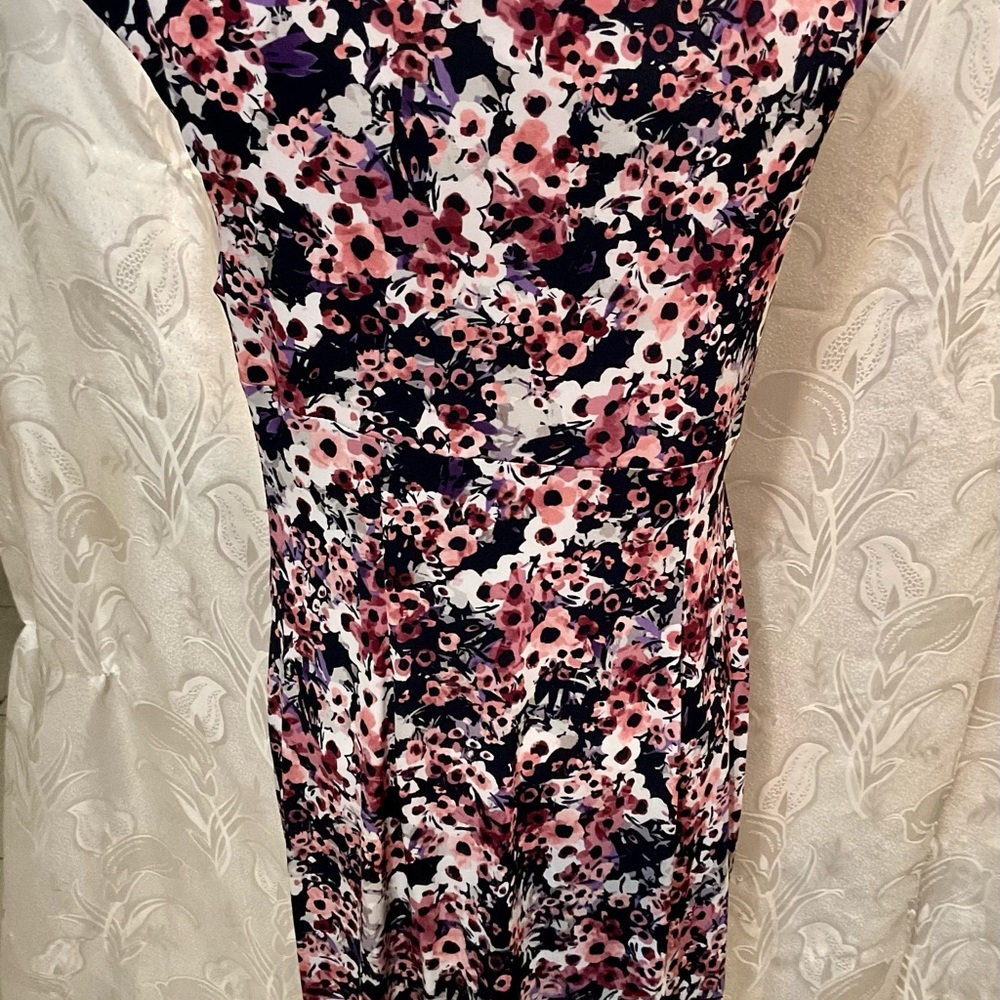 Connected Apparel Pink Black & White Floral Print Faux Wrap Dress - Picture 3 of 8